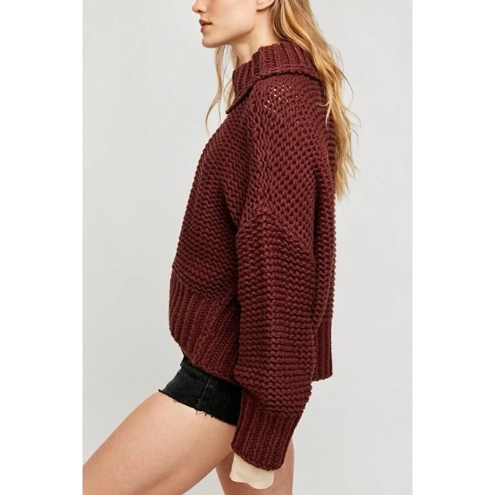 Free People My Only Sunshine Mock Neck Sweater Womens X-Small Brown Chunky Knit